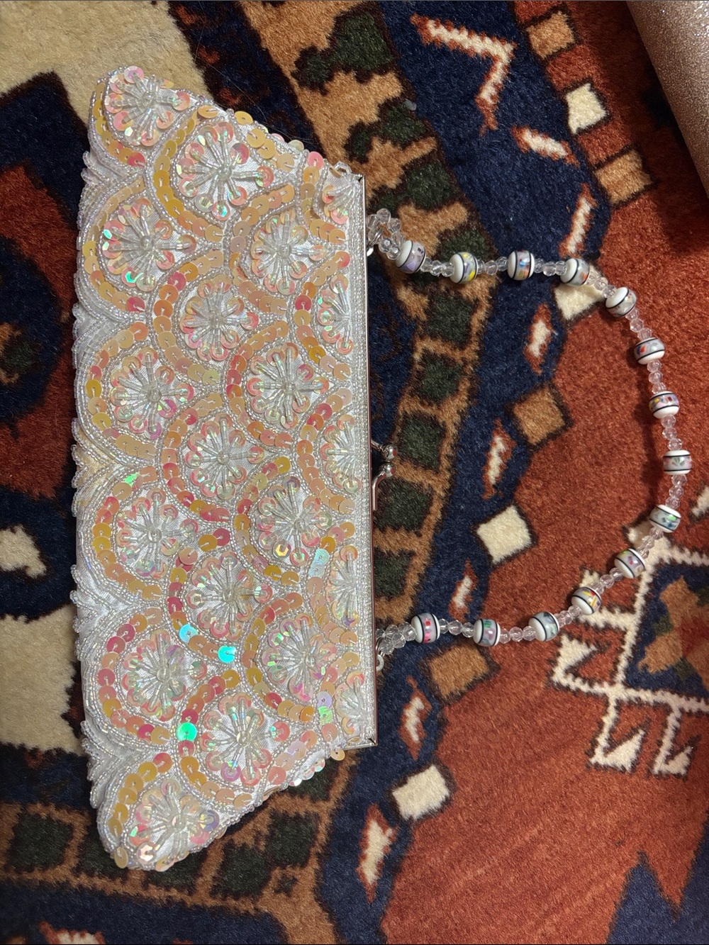 Beaded Sequin Floral Clutch with Bead Strap - Iridescent Peach